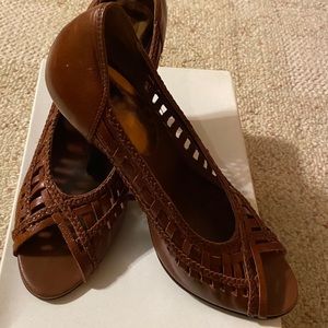 Brown open toe heels